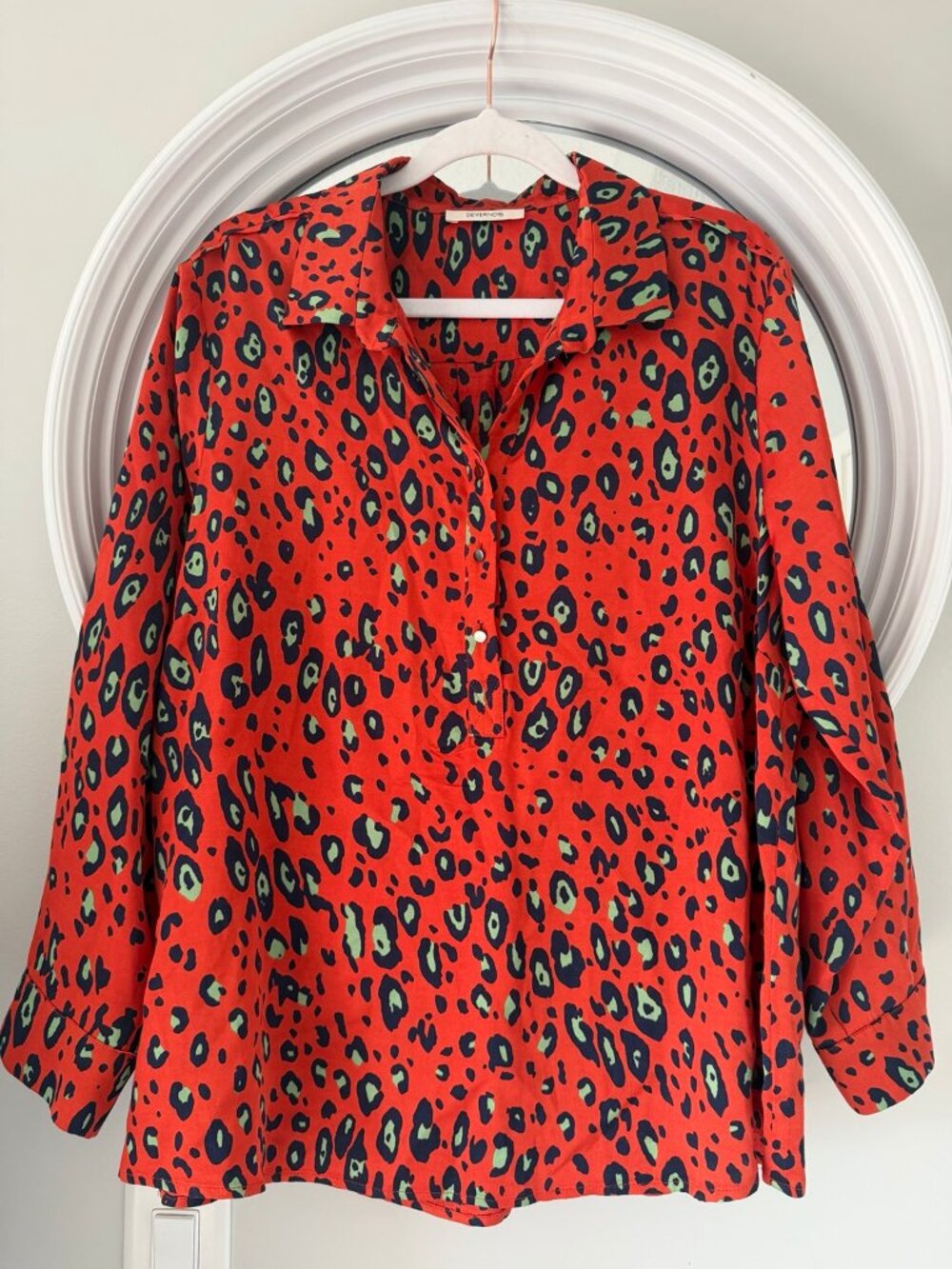 Devernois Red Leopard Print Collared Popover Blouse XL
